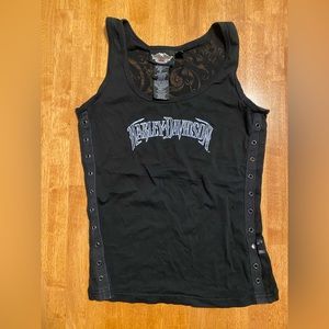 Grommeted black Harley Davidson sparkly labeled, sheer burnout back tank top.